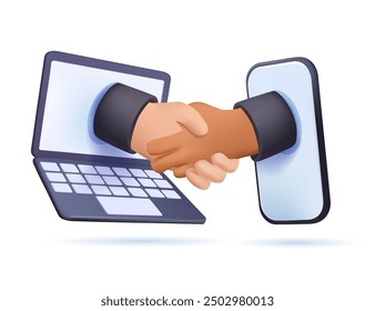 Online conclusion of the transaction 3D style. The opening of a new startup. business handshake, via phone and laptop. 3D vector illustration in a 3D style investor holds money in ideas online vector