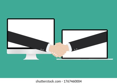 Online conclusion of the transaction. business handshake, via сomputer and laptop. vector illustration.