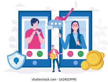 Online conclusion of the transaction. business talks, via phones. Vector illustration for web banner, infographics, mobile. the opening of a new startup. 