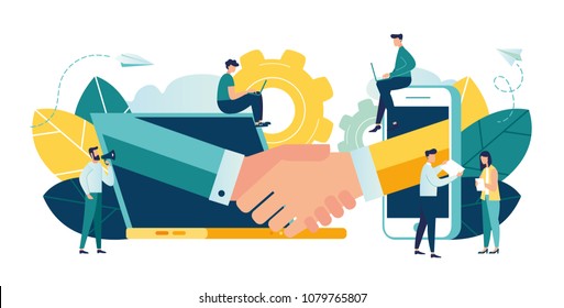 online conclusion of the transaction. the opening of a new startup. business handshake, via phone and laptop. vector illustration in a flat style investor holds money in ideas online vector