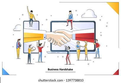 Online conclusion of the transaction. The opening of a new startup. business handshake, via phone and laptop. vector illustration.