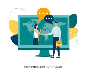 online conclusion of the transaction. the opening of a new startup. business handshake, via phone and laptop. vector illustration in a flat style investor holds money in ideas online vector