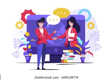 online conclusion of the transaction. the opening of a new startup. business handshake, via phone and laptop. vector illustration in a flat style investor holds money in ideas online.