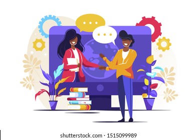 online conclusion of the transaction. the opening of a new startup. business handshake, via phone and laptop. vector illustration in a flat style investor holds money in ideas online.