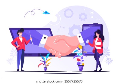 	
online conclusion of the transaction. the opening of a new startup. business handshake, via phone and laptop. vector illustration in a flat style investor holds money in ideas online.