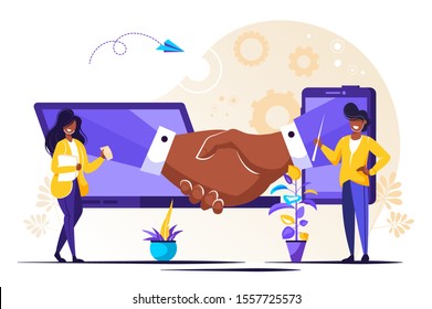 	
online conclusion of the transaction. the opening of a new startup. business handshake, via phone and laptop. vector illustration in a flat style investor holds money in ideas online.
