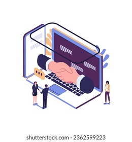 online conclusion of the transaction. the opening of a new startup. business handshake, via phone and laptop. vector illustration in a flat style investor holds money in ideas online vector