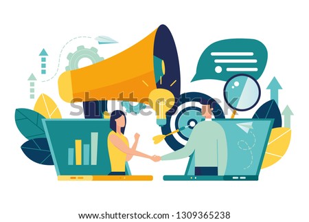 online conclusion of the transaction. the opening of a new startup. business handshake, via phone and laptop. vector illustration in a flat style investor holds money in ideas online. - Vector 