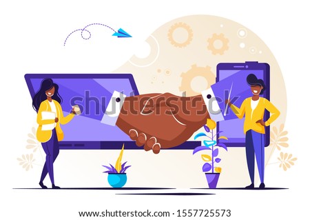 	
online conclusion of the transaction. the opening of a new startup. business handshake, via phone and laptop. vector illustration in a flat style investor holds money in ideas online.