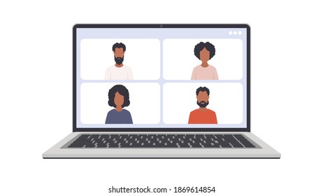 Conferencia en línea. Ventana de aplicación para la comunicación de vídeo. Moderno portátil brillante con pantalla blanca. Aislado sobre fondo blanco. Vector eps10