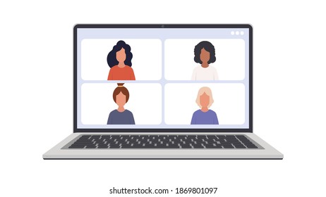 Online conference. Application window for video communication. Modern glossy laptop with white screen. Isolated over white background. Vector eps10