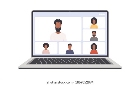 Online conference. Application window for video communication. Modern glossy laptop with white screen. Isolated over white background. Vector eps10