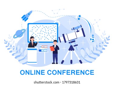 Online conference of astronomers, remote or distance education illustration for web, app, banner. Astronomer or astrologer concept vector. Scientists explore the starry sky in Observatory.