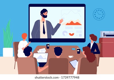 Online conference. Business meeting, communication with superiors or team leader via video. Isolation period, modern digital services for work vector illustration