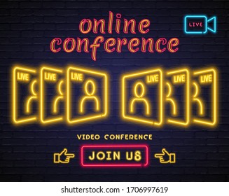 Online Conference Business Meeting Live Neon Light Glowing Vector Illustration. Join Us Button. Online Training, Online Meeting Neon Sign