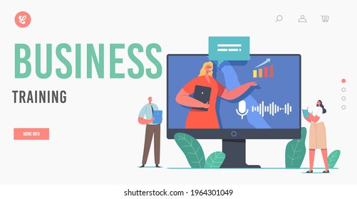Online Conference, Business Training, Seminar Landing Page Template. Trainer Character Virtual Financial Consultation Presenting Data Analysis Statistics on Screen. Cartoon People Vector Illustration