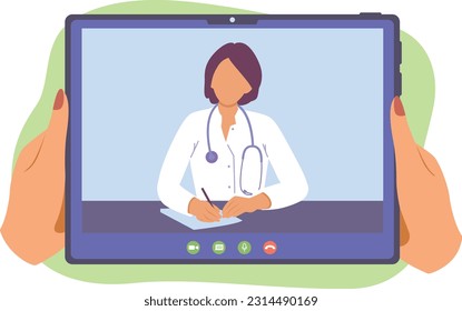 Online conference with cartoon female doctor on tablet. Distance group call. Video call meeting with therapist. Vector flat style illustration on white background