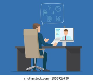 Online conference, color card, vector illustration with businessman sitting in chair, black table, set of tech icons, isolated on blue background