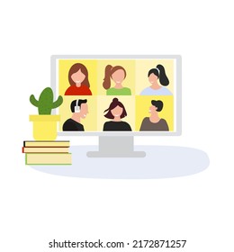 Concepto de conferencia en línea ilustración vectorial plana, vector plano de reunión en línea, ilustración portadora plana de webinar