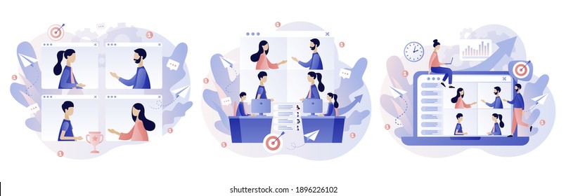 Online conference concept. Online meeting. Tiny people speak in video conference. Social distancing and self-isolation during coronavirus quarantine. Modern flat cartoon style. Vector illustration 