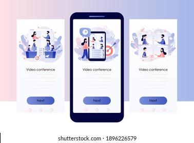 Concepto de conferencia en línea. Reunión en línea. Pequeñas personas hablan en videoconferencia. Trabajo a distancia durante la cuarentena de coronavirus.  Plantilla de pantalla para teléfono inteligente móvil. Estilo moderno de dibujos animados planos. Vector