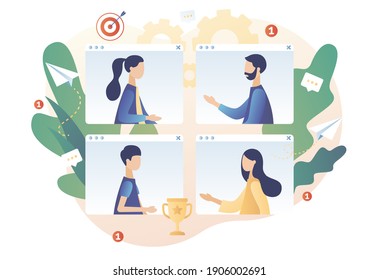 Online conference concept. Online meeting. Tiny people speak in video conference. Social distancing and self-isolation during coronavirus quarantine. Modern flat cartoon style. Vector illustration 