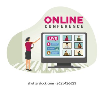 Online conference concept with participants displayed on a screen and a presenter interacting. 