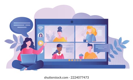 Online conference concept. Young girl with laptop communicates with her friends on Internet and social networks. Video call, remote employees or freelancers. Cartoon flat vector illustration