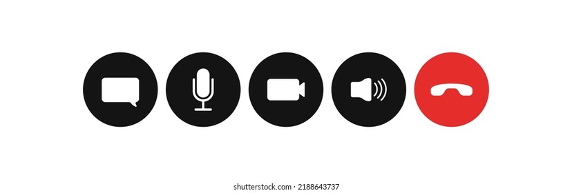 Online conference control buttons set icon. Webinar, send message to the chat, turn on microphone, camera, sound, end meeting, call, communication. Technology concept. Vector line icon for Business.