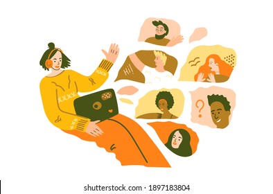 Online conference creative concept. Video conference, web chat, online meeting. Freinds meeting online. Vector flat illustration for designers templates.