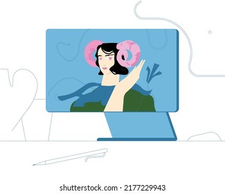 Online conference with a fairy tale character. Stylish illustration for designs.
