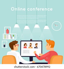 On-line conference. Flat design vector illustration.