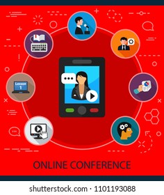 Online conference flat icons concept. Vector illustration. Element template for design.