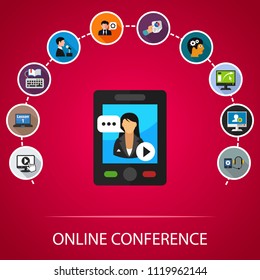 Online conference flat icons concept. Vector illustration. Element template for design.