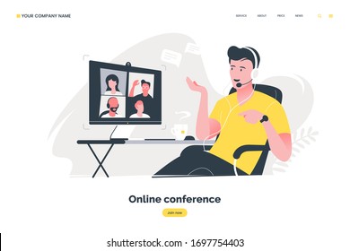 Online conference flat illustration. Man using computer to have video call. Video conferencing concept. Remote work in the home office. Vector eps 10.