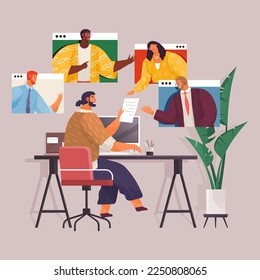 Online conference flat illustration. Man using computer to have video call with colleague or friends. Video conferencing and online communication. Remote work in home office. Meeting on internet