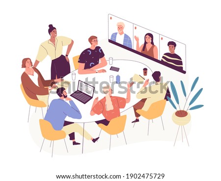 Online conference with foreign business partners. People in office and remote workers on virtual meeting by video call. Colored flat vector illustration isolated on white background