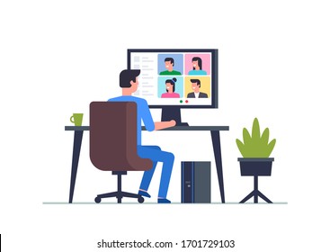 Online Conference. Group video chat. Remote team work. Flat Style. isolated on white background