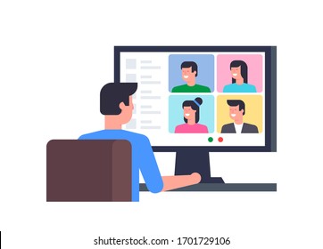 Online Conference. Group Video Chat. Remote Team Work. Flat Style. Isolated On White Background