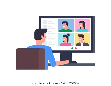 Online Conference. Group video chat. Remote team work. Flat Style. isolated on white background