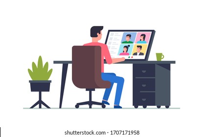 Online Conference. Group video chat. Remote team work. Flat Style. isolated on white background