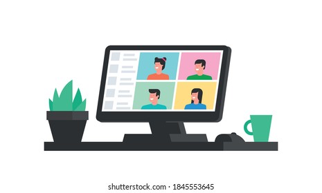 Online Conference. Group video chat. Remote team work. Flat Style. isolated on white background