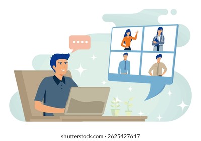 Online conference from home concept. Happy young man conducting a video conference with colleagues on a virtual platform. 
