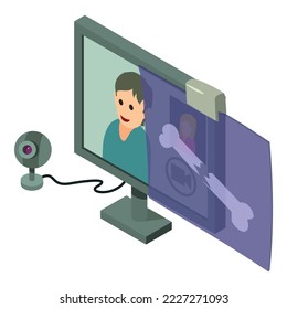 Online conference icon isometric vector. Doctor image on screen, broken bone xray. Medicine and healthcare concept