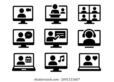 Conjunto de iconos de conferencia en línea. Vector Símbolos negros de reunión y comunicación Glifo Ilustraciones