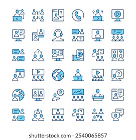 Online conference icons. Outline symbols. Vector blue line icons set