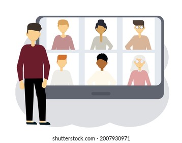 Online conference illustration. A man next to a computer with portraits of men and women