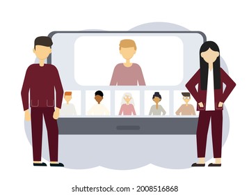 Online conference illustration. A man and woman next to a computer with portraits of men and women