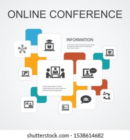 online conference Infographic 10 line icons template.group chat, online learning, webinar, conference call simple icons