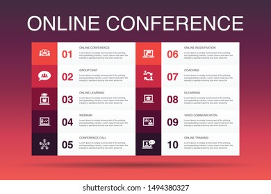 online conference Infographic 10 option template. group chat, online learning, webinar, conference call icons